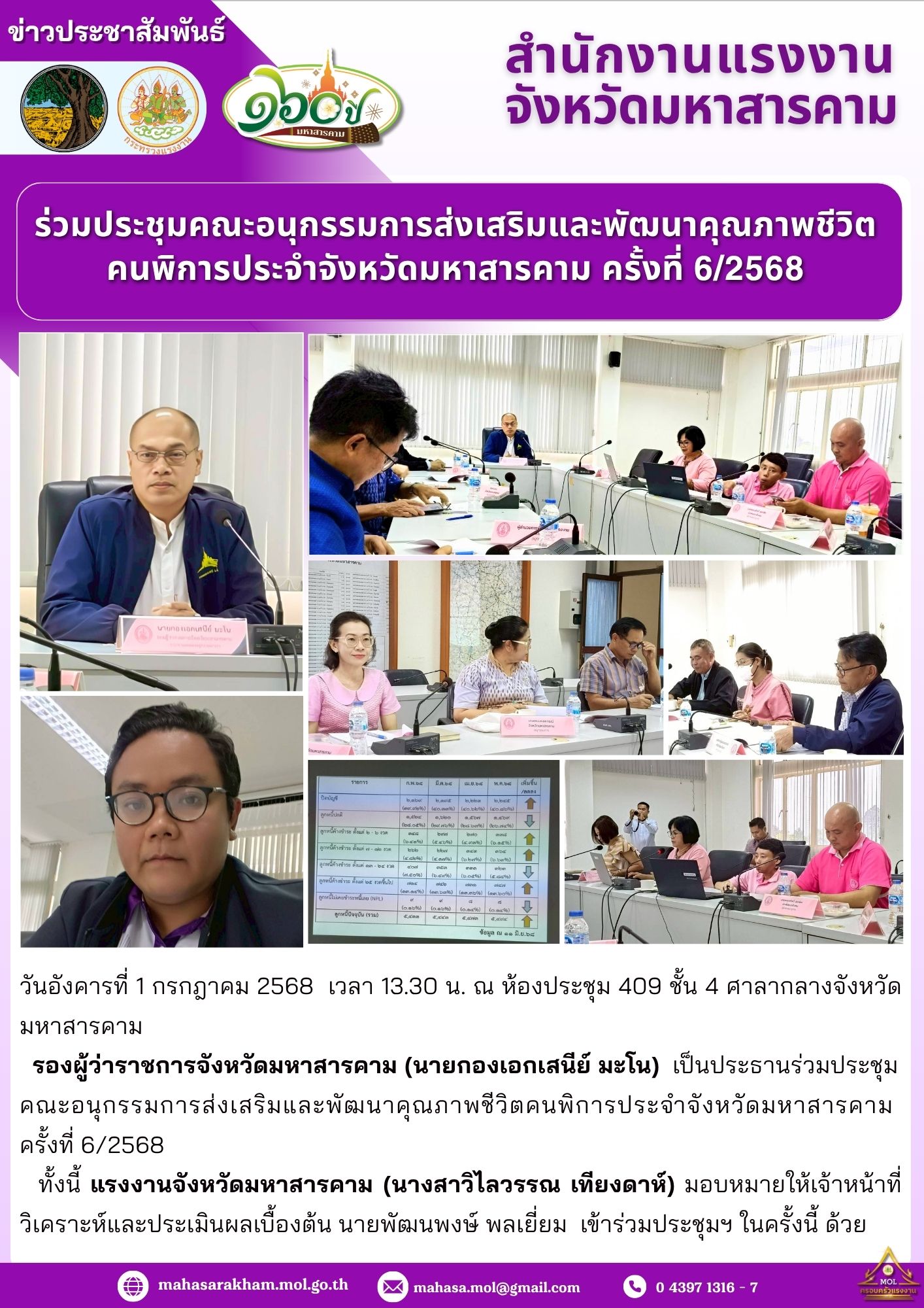 ร่วมประชุมคณะอนุกรรมการส่งเสริมและพัฒนาคุณภาพชีวิตคนพิการประจำจังหวัดมหาสารคาม ครั้งที่ 6/2568